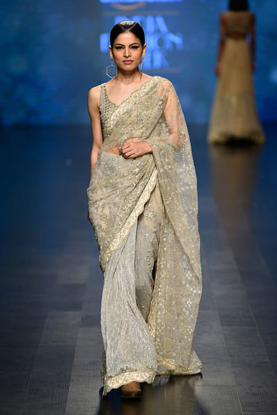 Pale gold sheer embroidered sari