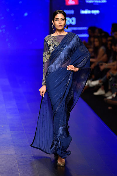 Navy blue sari with embroidered blouse