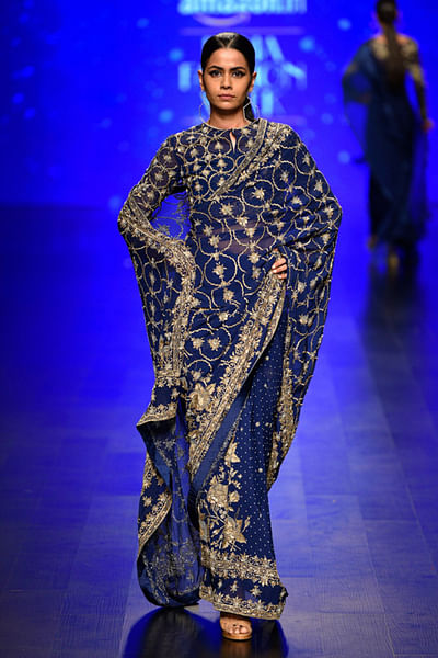 Blue embroidered sari