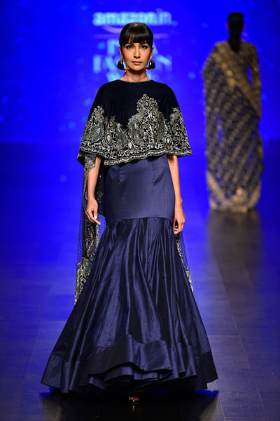 Navy gown with silver embroidered cape