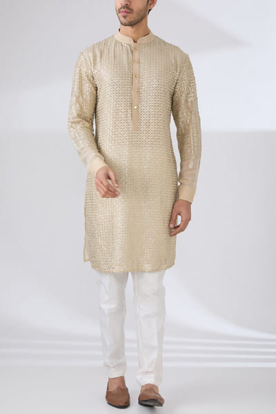 Beige zari and sequin embroidery kurta set