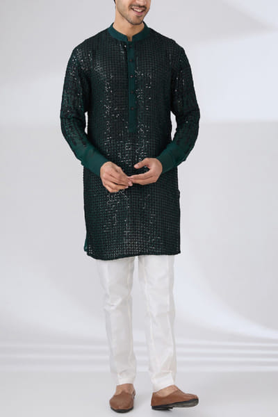 Dark green sequin embroidery kurta set