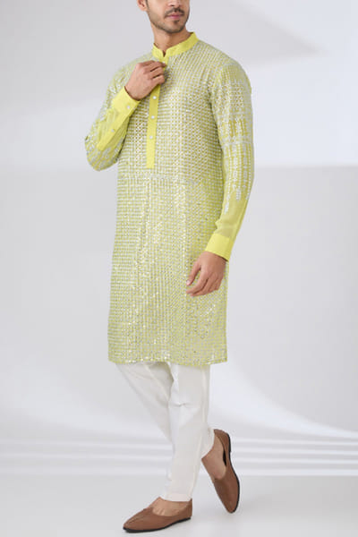Neon yellow zari sequin embroidery kurta set