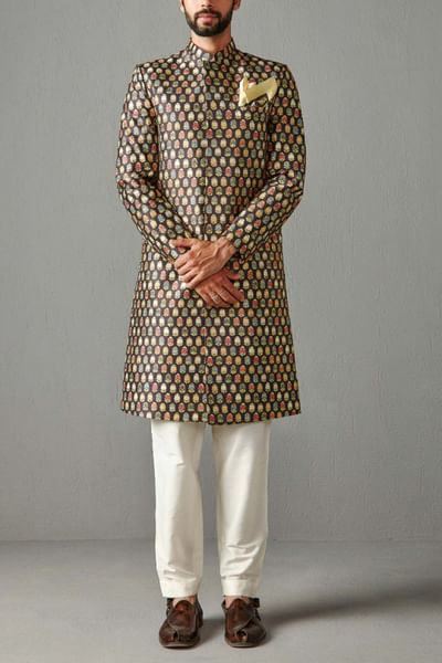 Black raw silk sherwani set