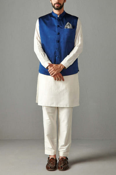 Blue satin silk bandi and kurta set