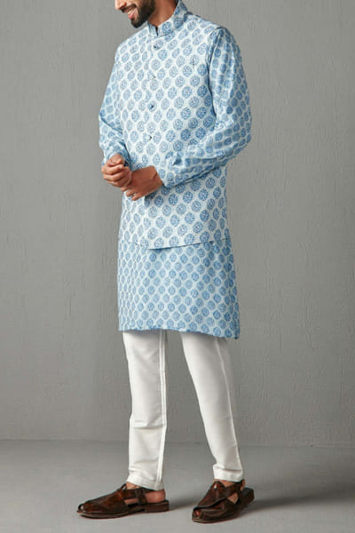 Aqua blue kurta and bandi set