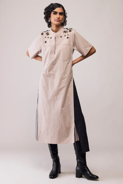 Beige floral embroidered dress