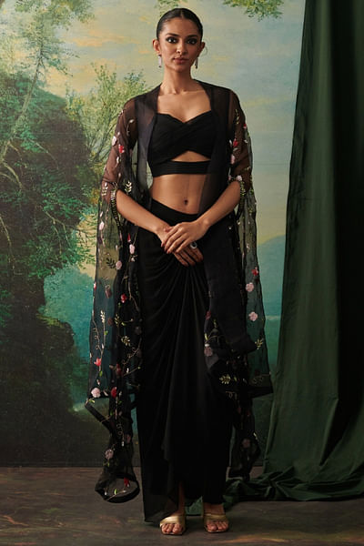 Black floral embroidered cape set