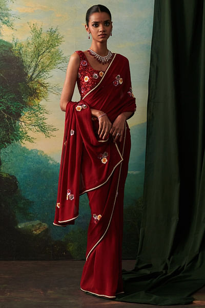 Red sequin embroidered sari
