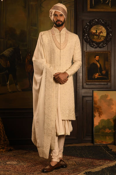Cream dori embroidered sherwani set