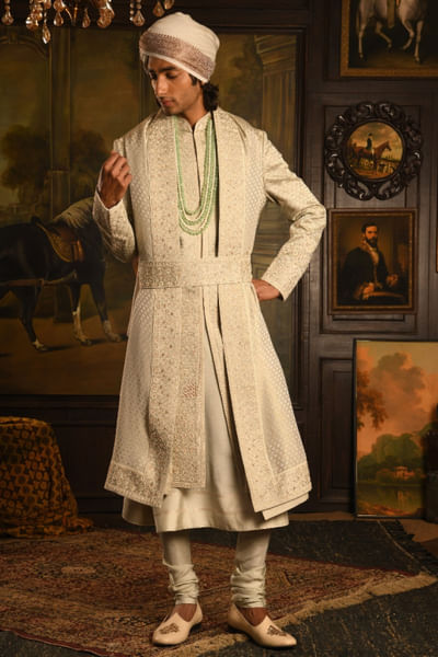 Mist green embroidered sherwani set