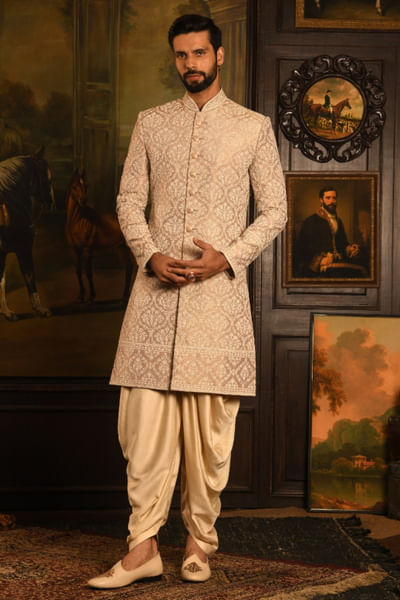 Rose gold zari silk sherwani set