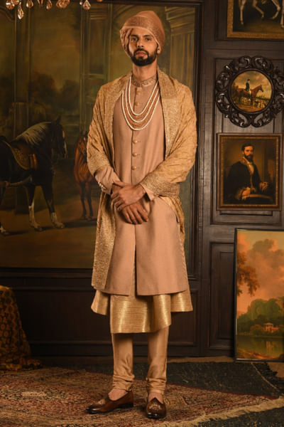 Deep copper silk sherwani set