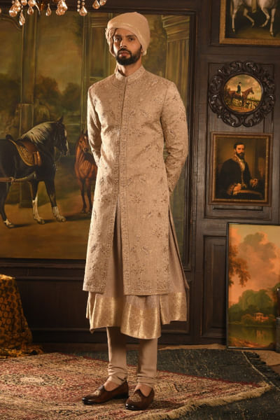 Rose gold embroidered silk sherwani set