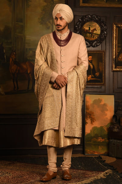 Gold silk sherwani set