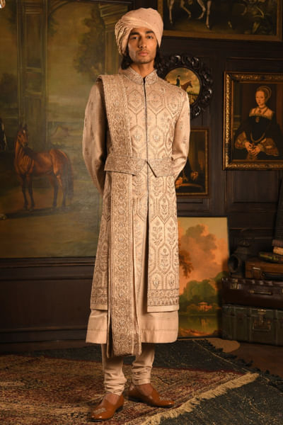 Rose embroidered silk sherwani set