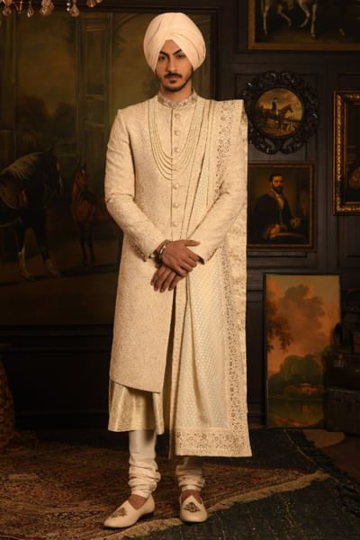 Regal pearl dori embroidered sherwani set