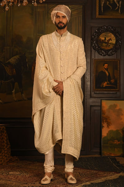 Beige dori embroidered sherwani set