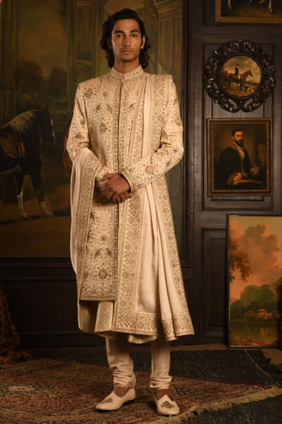 Gold embroidered silk sherwani set