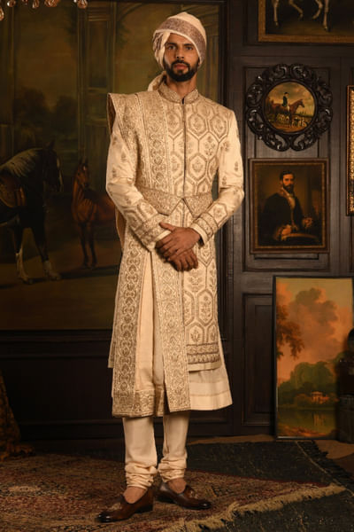 Beige embroidered silk sherwani set