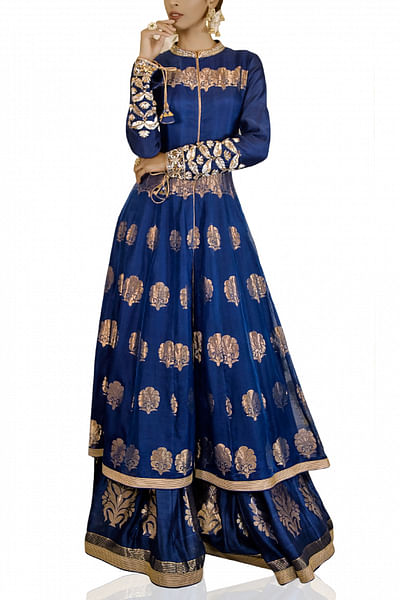 Royal blue embellished kurta skirt set