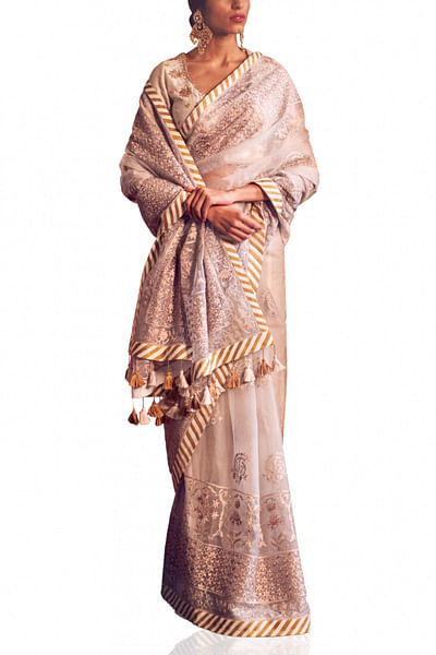 Ivory embroidered organza sari set