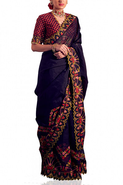 Black floral embroidered organza sari set
