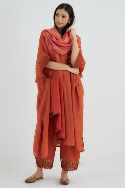 Rust orange cotton silk kaftan set