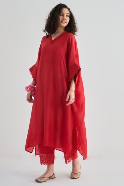 Red cotton silk kaftan set