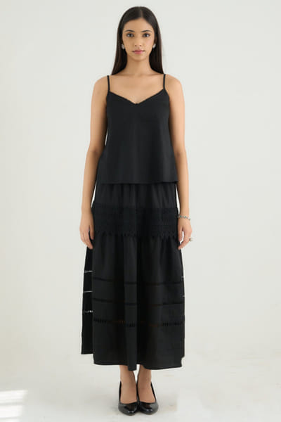 Black pleated vegan silk skirt set