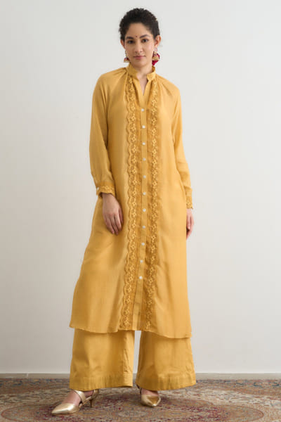 Yellow lace embroidered kurta set