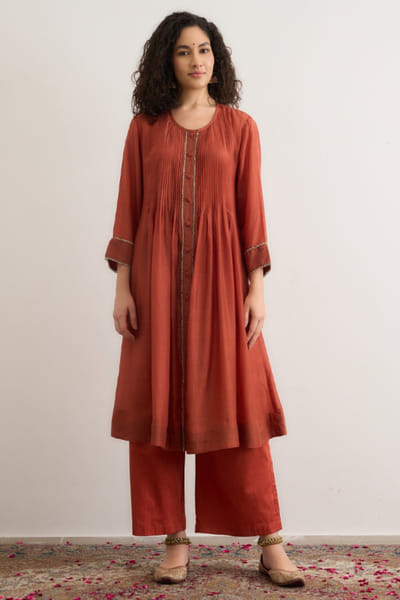 Rust orange lace embroidered kurta set