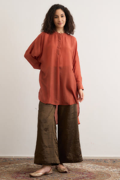 Rust orange and metallic pleated co-ord set