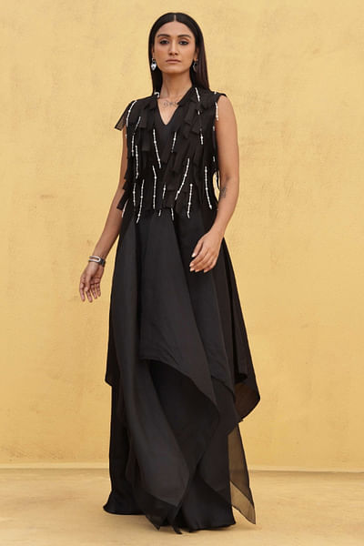 Black pearl tasselled overlay and jumpsuit