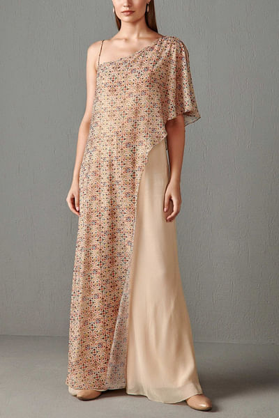 Beige printed cape and jumpsuit