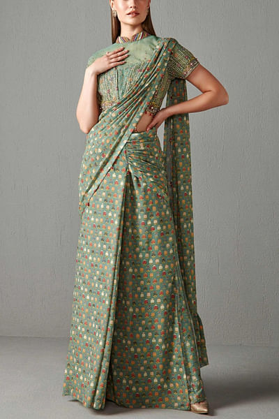 Green printed pre-draped sari set