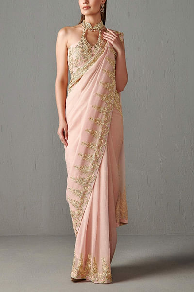 Pink embellished chiffon sari set