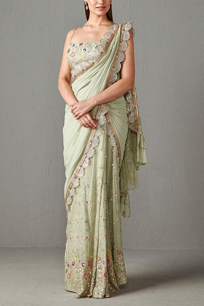 Sage green embellished pant sari set