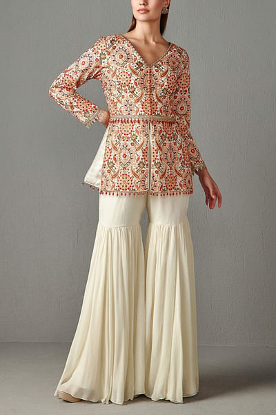 Ivory embroidered peplum and gharara