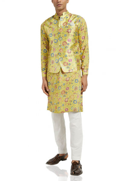 Yellow printed kurta and bandi set