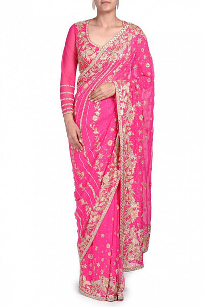 Pink embroidered chiffon sari set