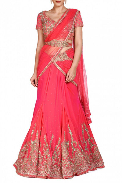 Pink embroidered lehenga sari set