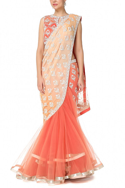Orange embroidered lehenga sari set