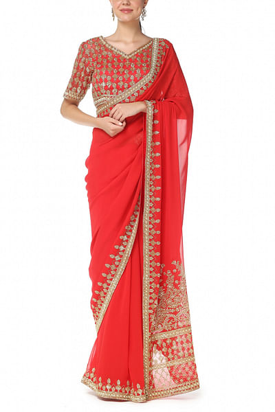 Red embroidered sari set
