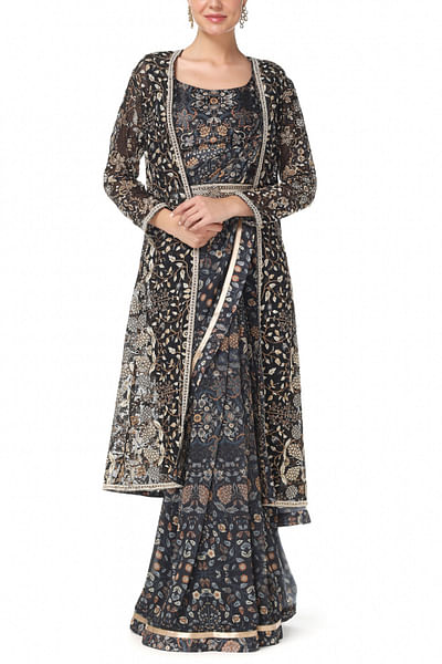 Black printed sari and jacket set