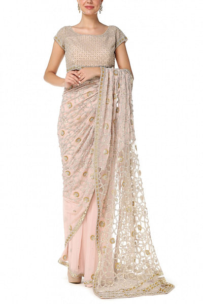 Blush pink embroidered sari set