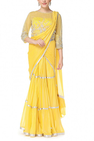 Yellow embroidered lehenga sari set