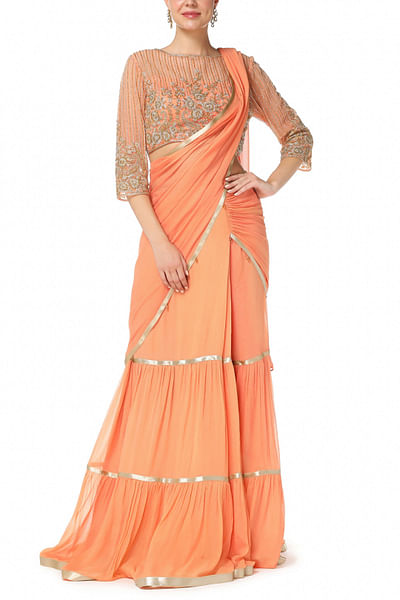 Orange embroidered lehenga sari set