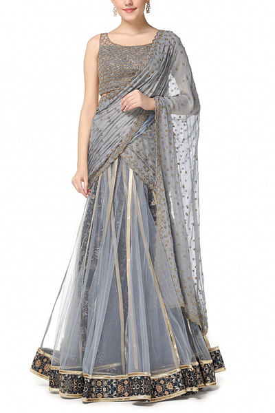 Grey embellished & printed lehenga sari set