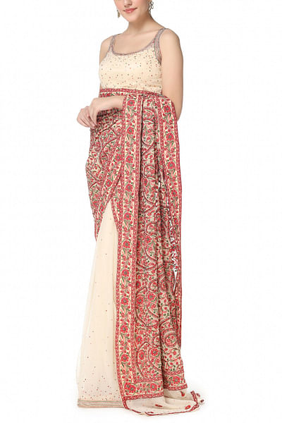 Beige embellished sari set